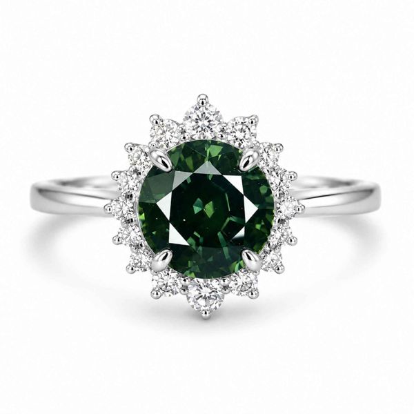 Natural Green Sapphire Halo Ring 18K White Gold