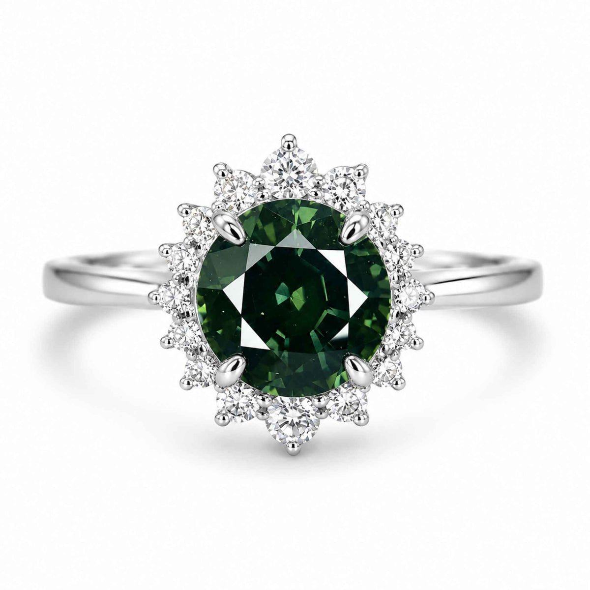 Natural Green Sapphire Halo Ring 18K White Gold