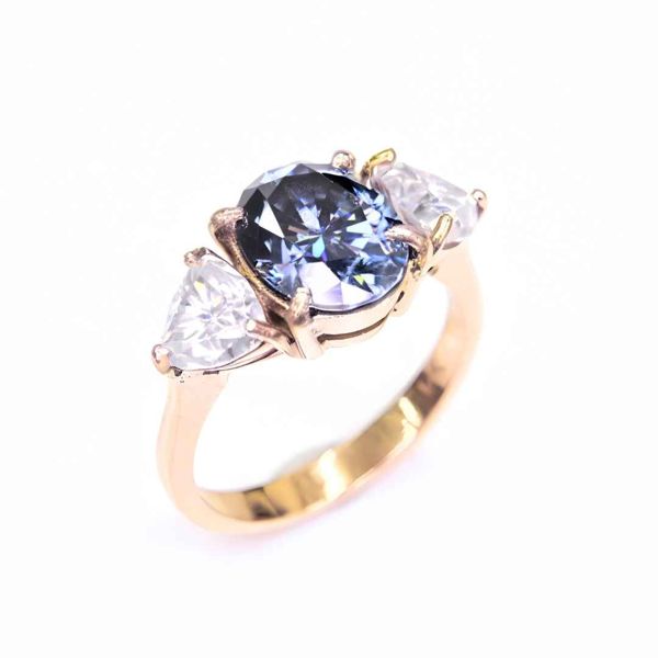 14K Gold Blue Moissanite Oval 3-Stone Ring – Handmade in Thailand