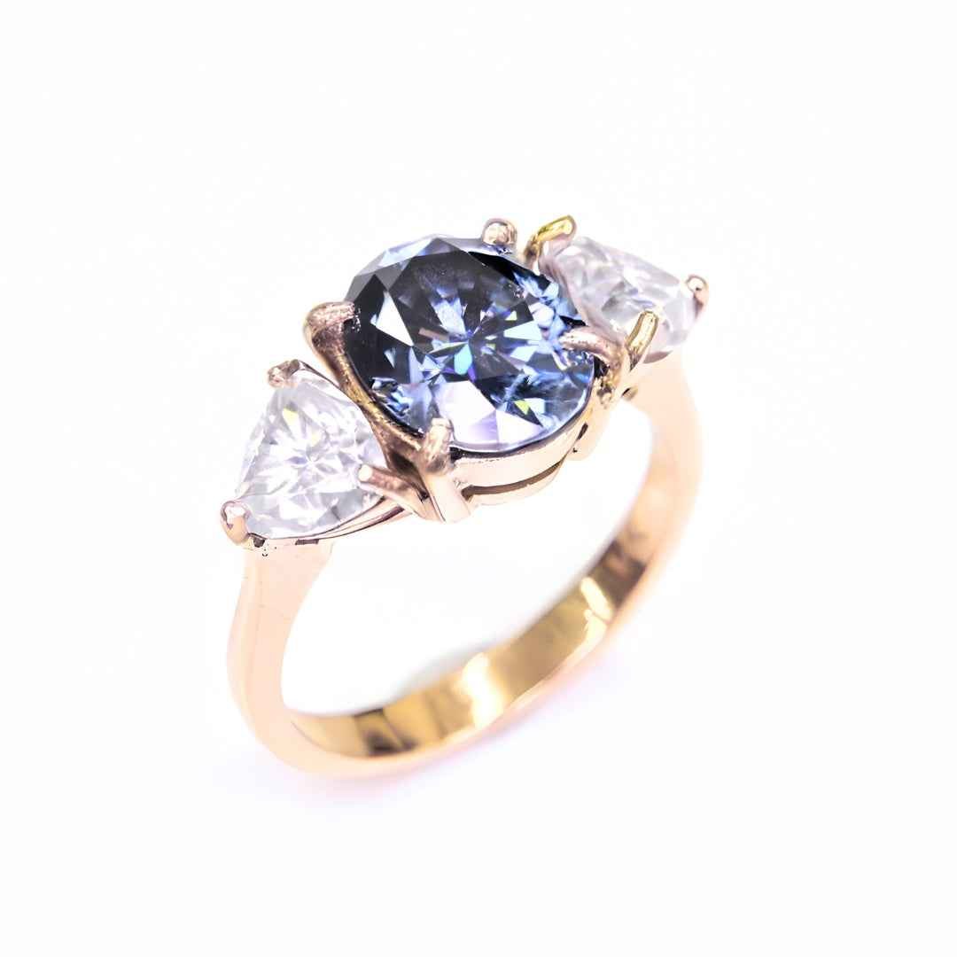 14K Gold Blue Moissanite Oval 3-Stone Ring – Handmade in Thailand