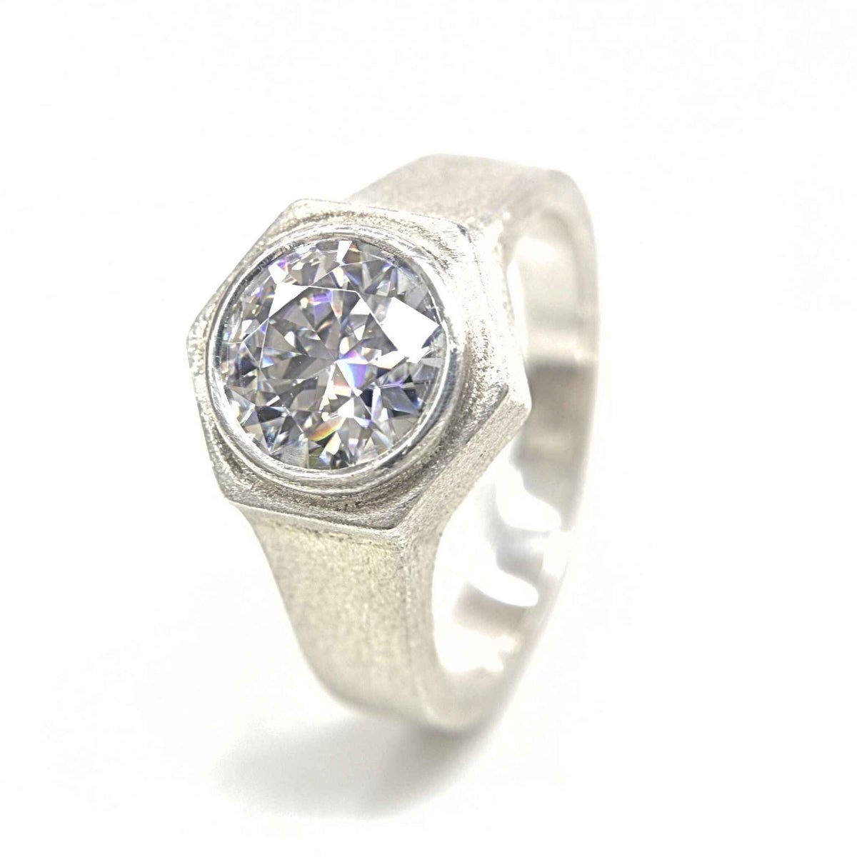 Moissanite Hexagon Silver Ring Handmade - HexaNova Bold Design