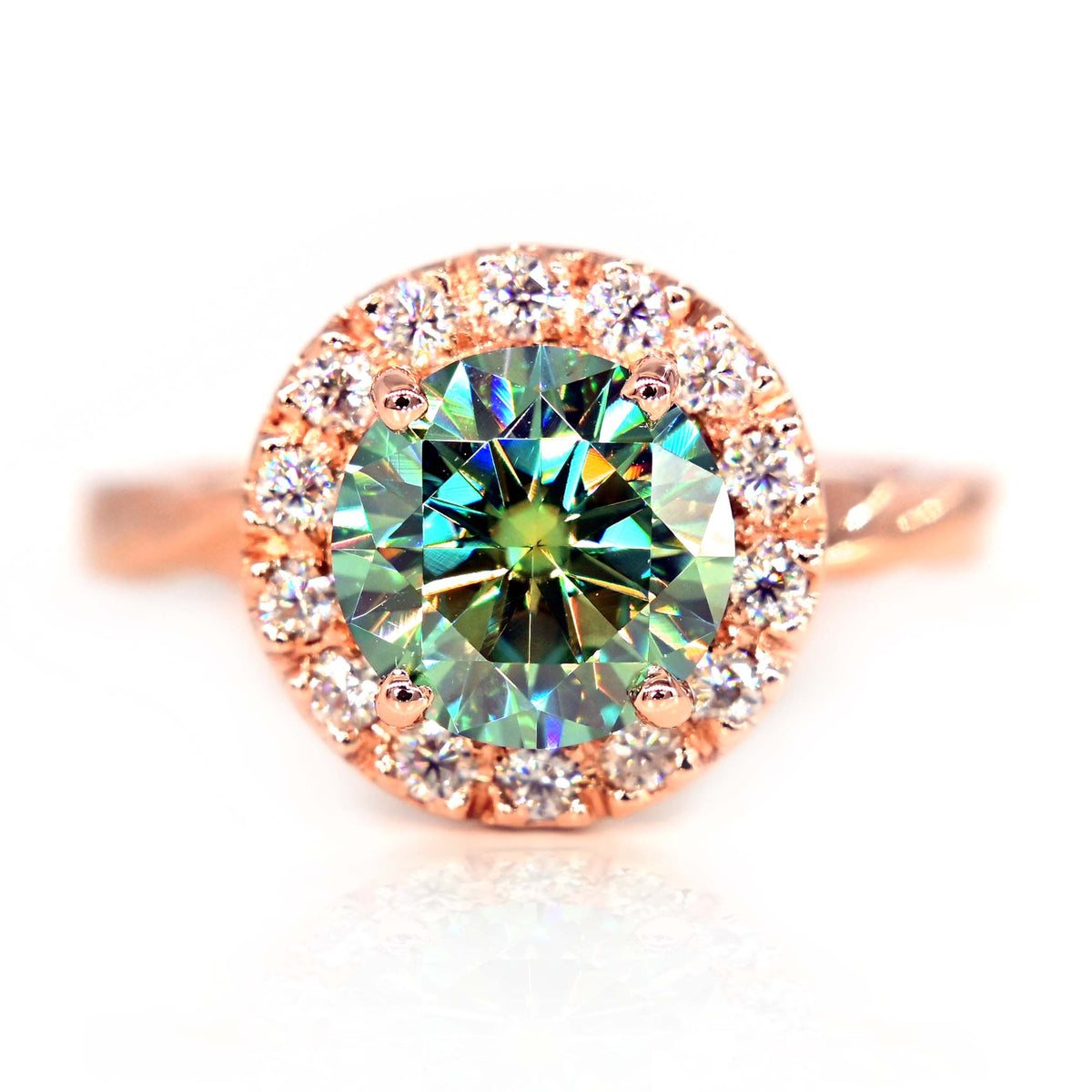 Teal Moissanite Engagement Ring in Handmade 14K Rose Gold: A Touch of Elegance