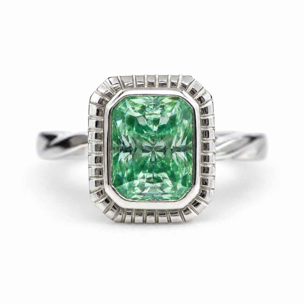 Teal Radiant Cut Moissanite Engagement Ring – Handmade 18K White Gold Beauty